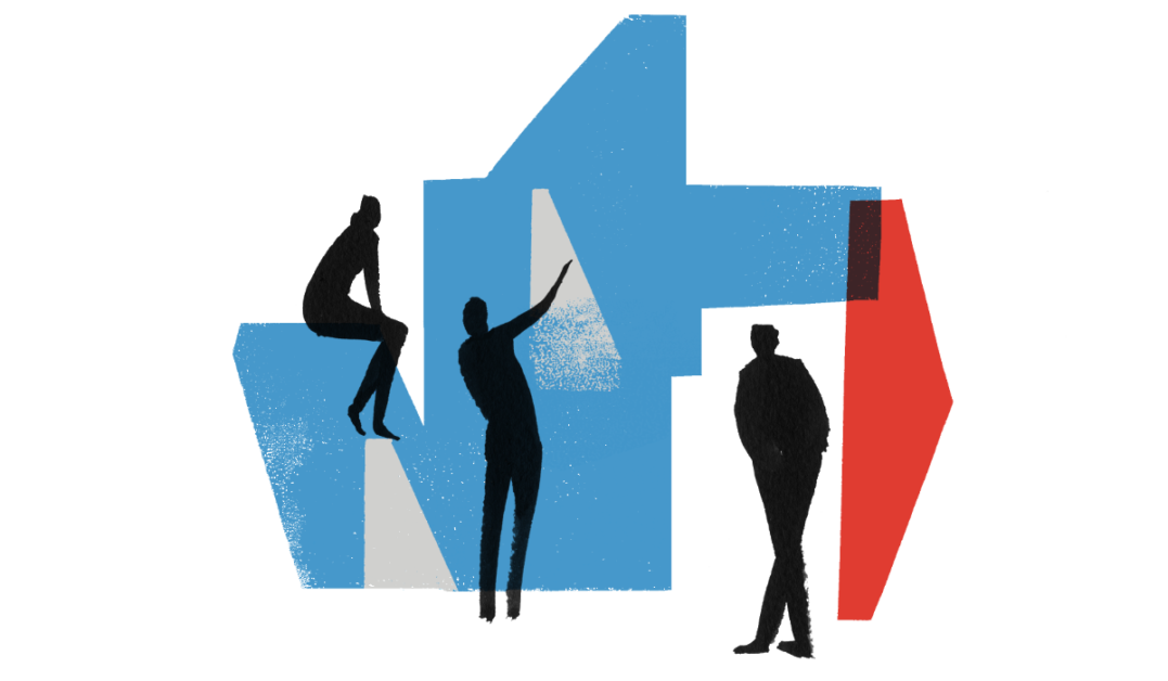 illustration of figures surrounding shapes